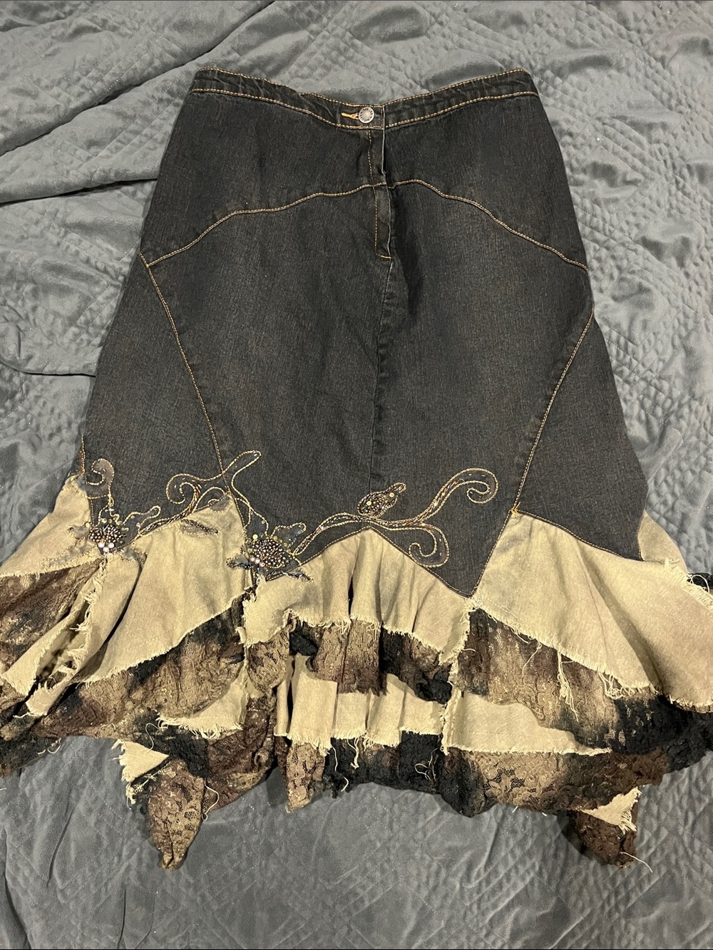 Boho Beaded Fairy Ruffled Embroidered Denim Midi Skirt - Black and Cream